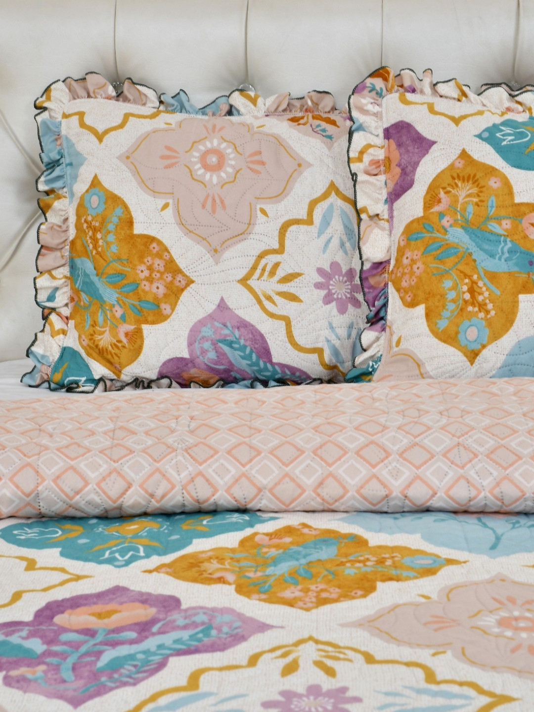 BREVARD Blue & White Printed 129-170TC Double Queen Bed Cover With 2 Pillow Covers