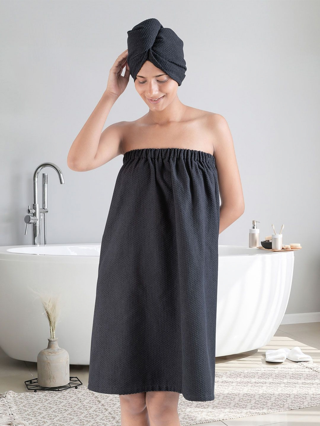 MYTRIDENT Urban Comfort Black Cotton Slip-On Mini Set of 2 Bath Wrap with Head Wrap-L