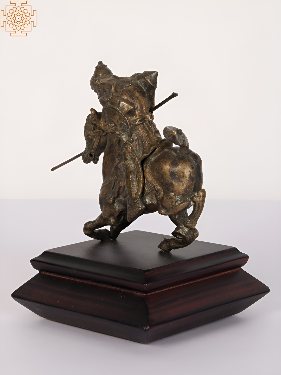 Exotic India Horse Riding Warrior on Base Brown Wood Metallic Home Office Small Showpiece - 5.2 Inches