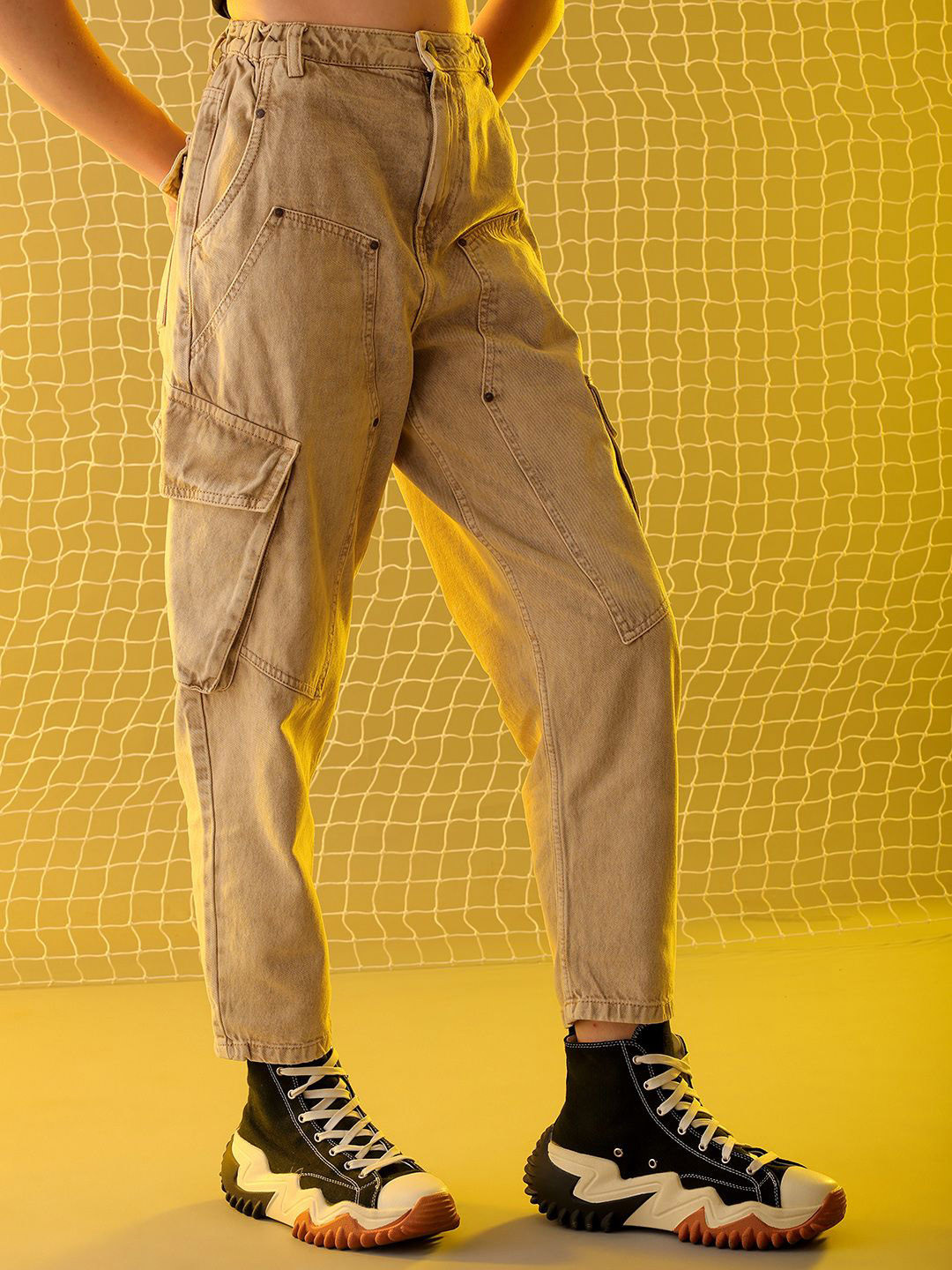 Freehand by The Indian Garage Co Women Cotton High-Rise Regular Fit Cargo Styles Jeans