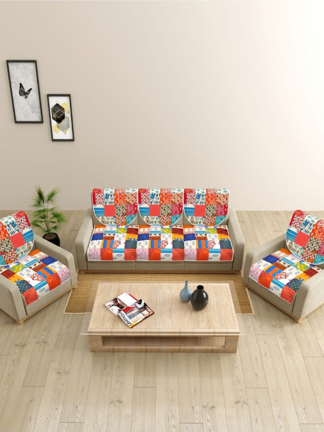 The Craft Monk Red & White 10Pcs Patch Work Pure Cotton Sofa Cover With Arms