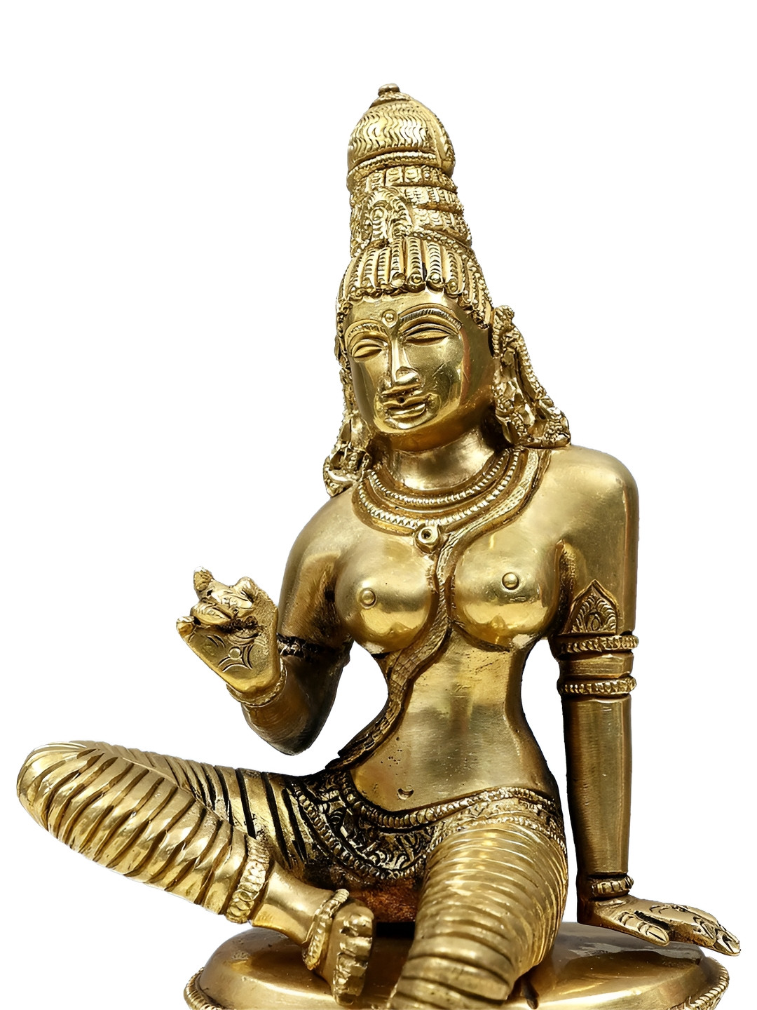 Exotic India Uma Devi Seated On Pedestal Gold Brass Metallic Living Room Medium Showpiece - 4.8 Inches