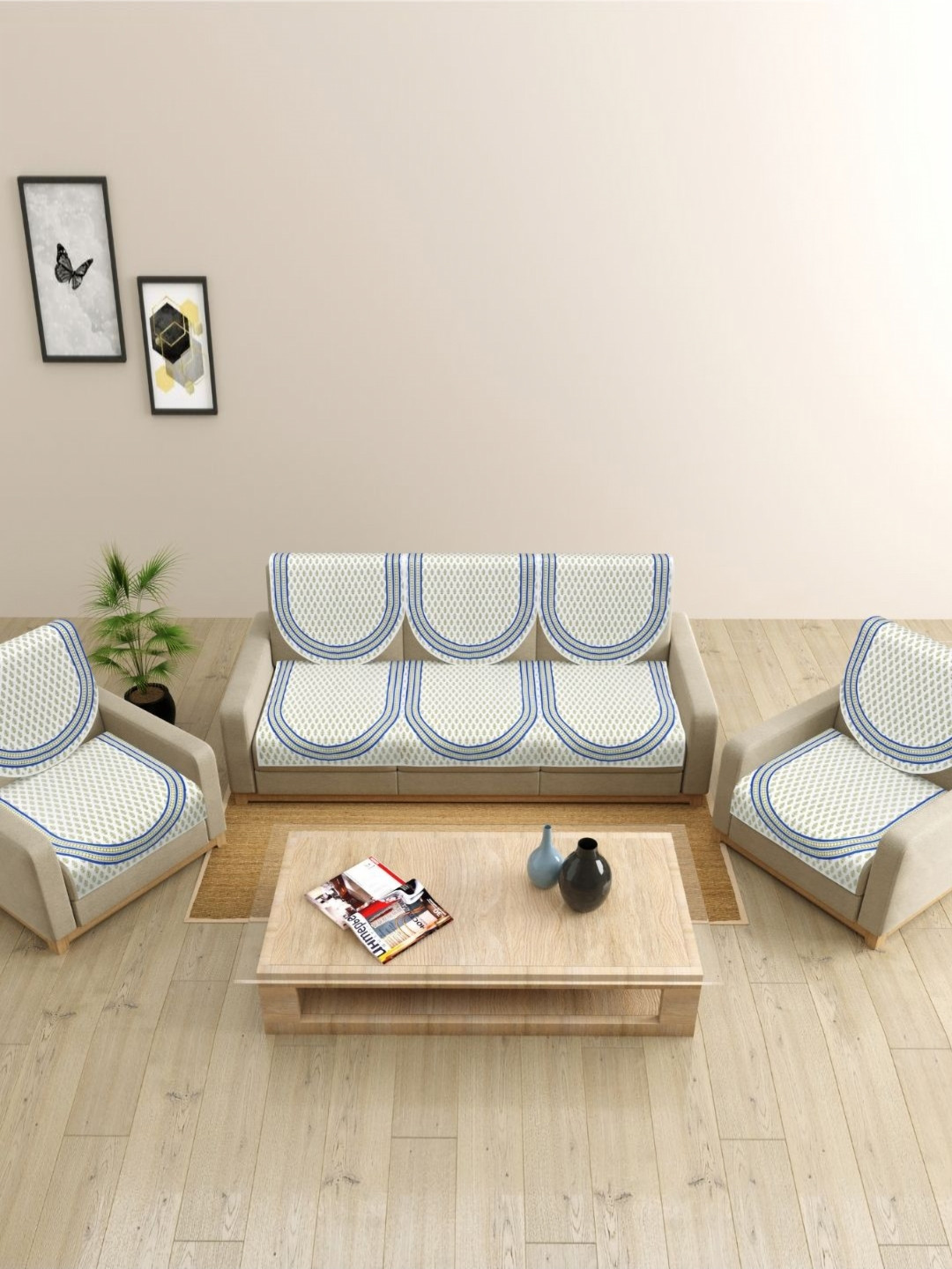 The Craft Monk Gren & White 10Pcs Floral Printed Pure Cotton Sofa Cover With Arms