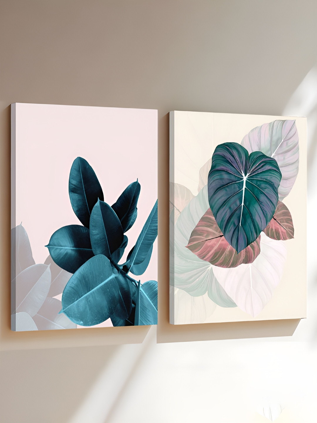 Art Street Pink & Teal Green 2 Pieces Floral and Botanical Canvas Painting Wall Art