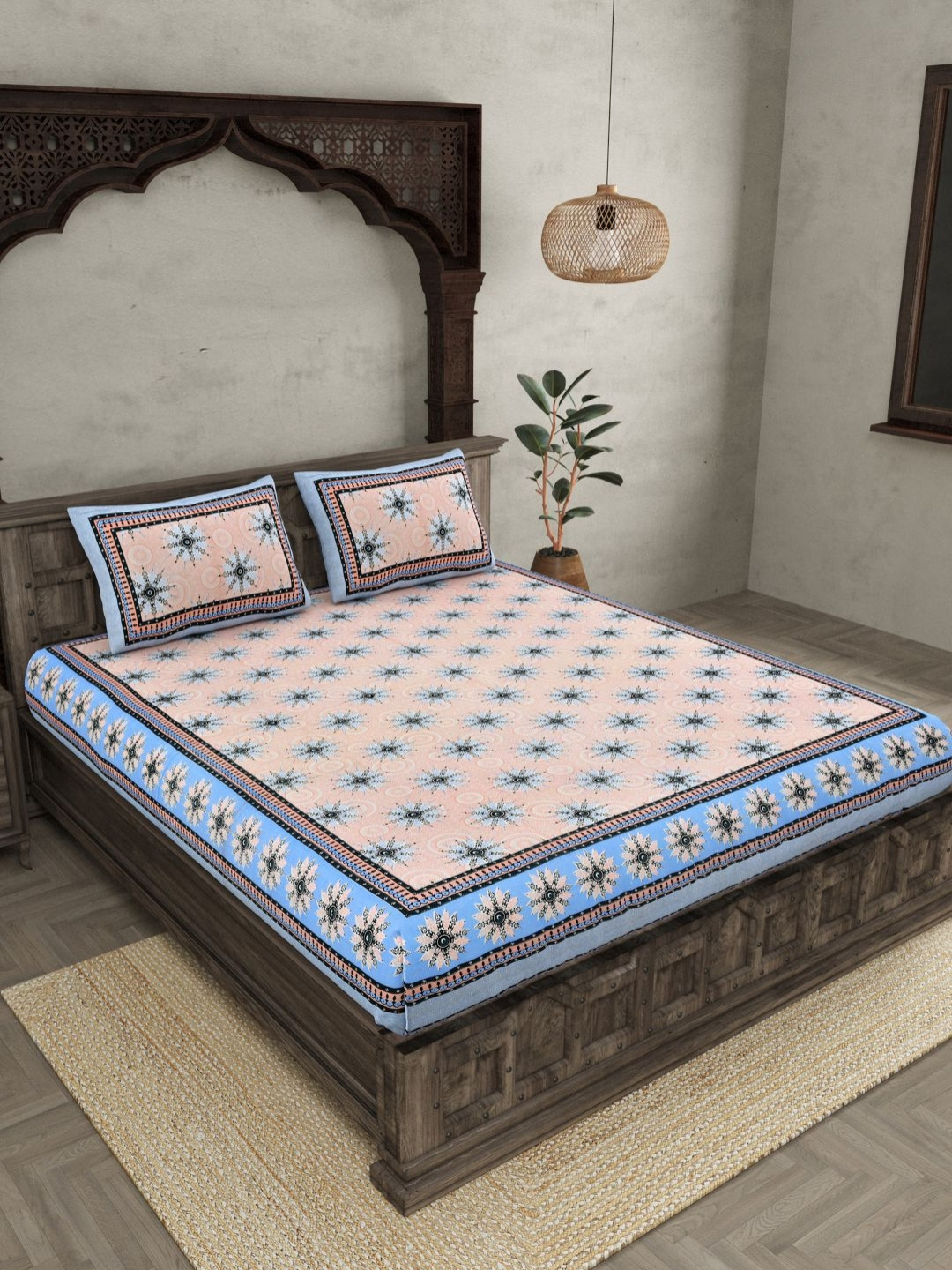 JAIPUR FABRIC Stylish Star Blue Ethnic Motifs Pure Cotton 144 TC King Bedsheet with 2 Pillow Covers-106 x 89 inches