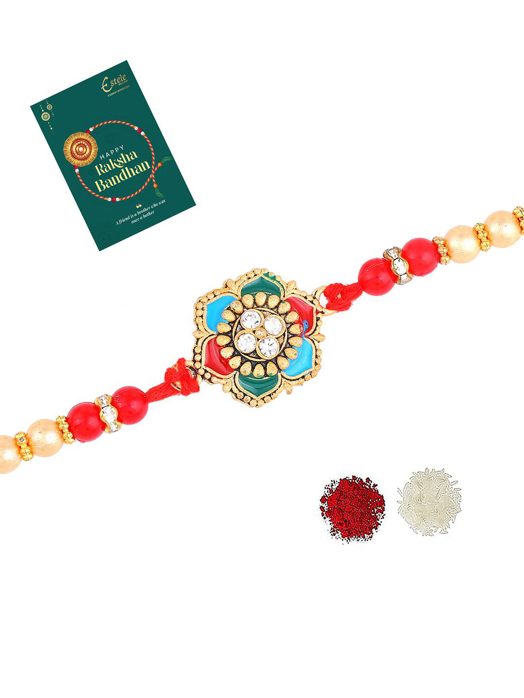 Estele Floral Design Rakhi With Roli Chawal & Greeting Card