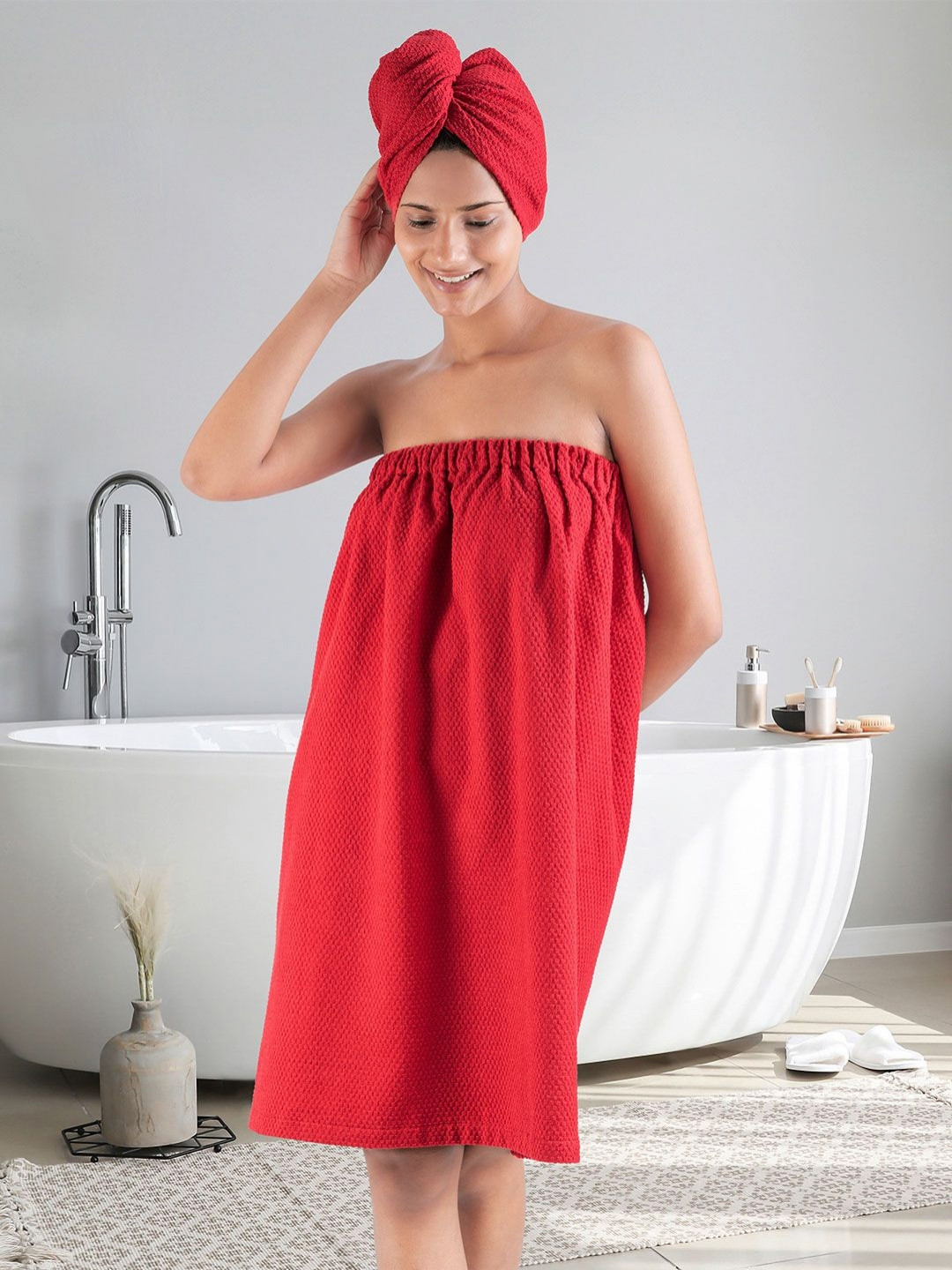 MYTRIDENT Urban Comfort Red Cotton Slip-On Mini Set of 2 Bath Wrap with Head Wrap-L