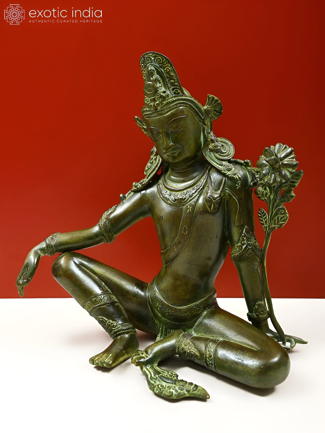 Exotic India Lord indra Green Brass Metallic Prayer Room Hand Made Medium Showpiece - 11.8 Inches