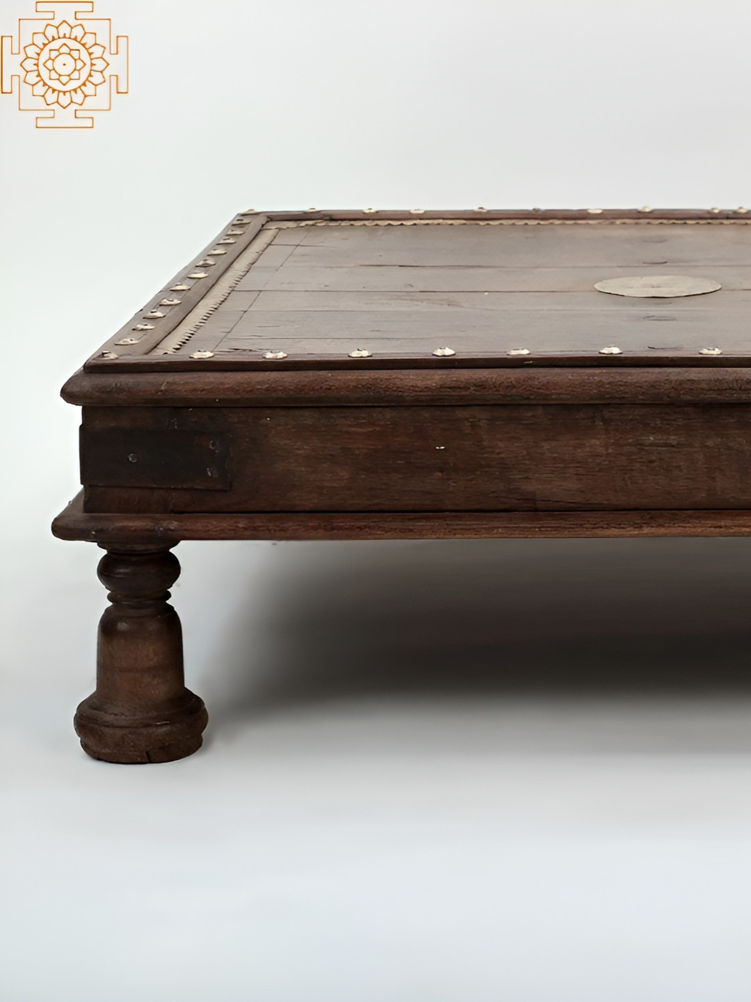Exotic India Square Shape Wooden Pedestal with Brass Work