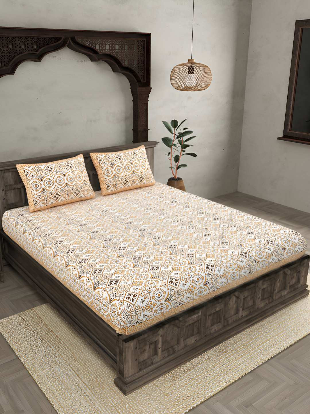 BED-SHEET.COM Showering Festivities Yellow Ethnic Motifs Pure Cotton 144 TC King Superfine Bedsheet with 2 Pillow Covers-106 x 89 inches