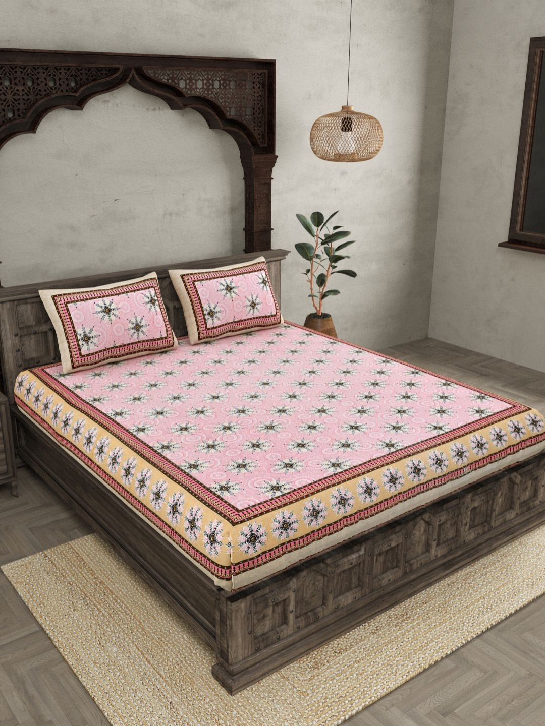 JAIPUR FABRIC Stylish Star Pink Ethnic Motifs Pure Cotton 144 TC King Bedsheet with 2 Pillow Covers-106 x 89 inches