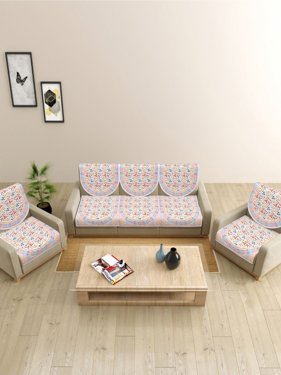 The Craft Monk Peach Coloured & Blue 10Pcs Floral Printed Pure Cotton Sofa Cover With Arms