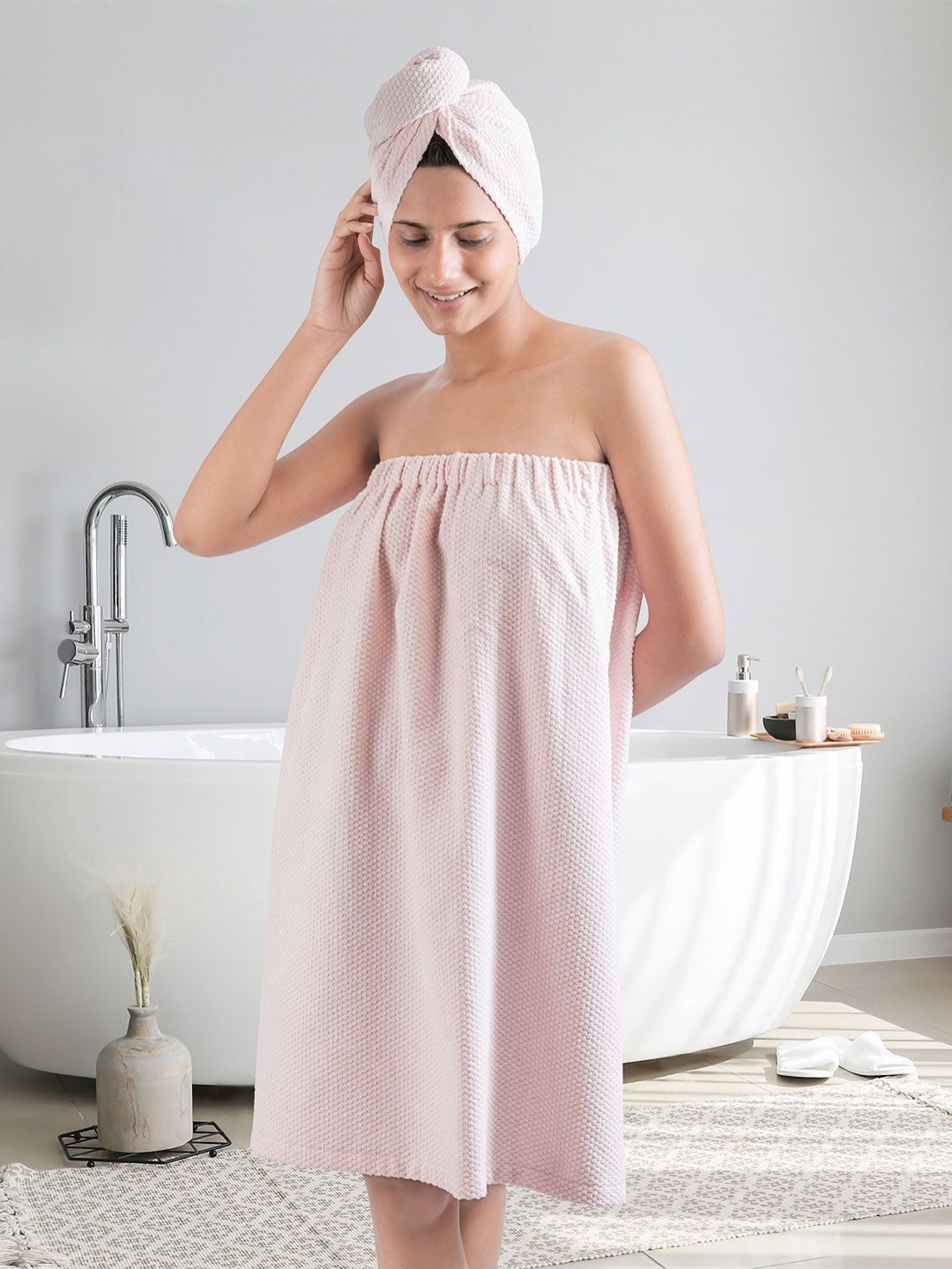 MYTRIDENT Urban Comfort Pink Cotton Button Mini Set of 2 Bath Wrap with Head Wrap-L