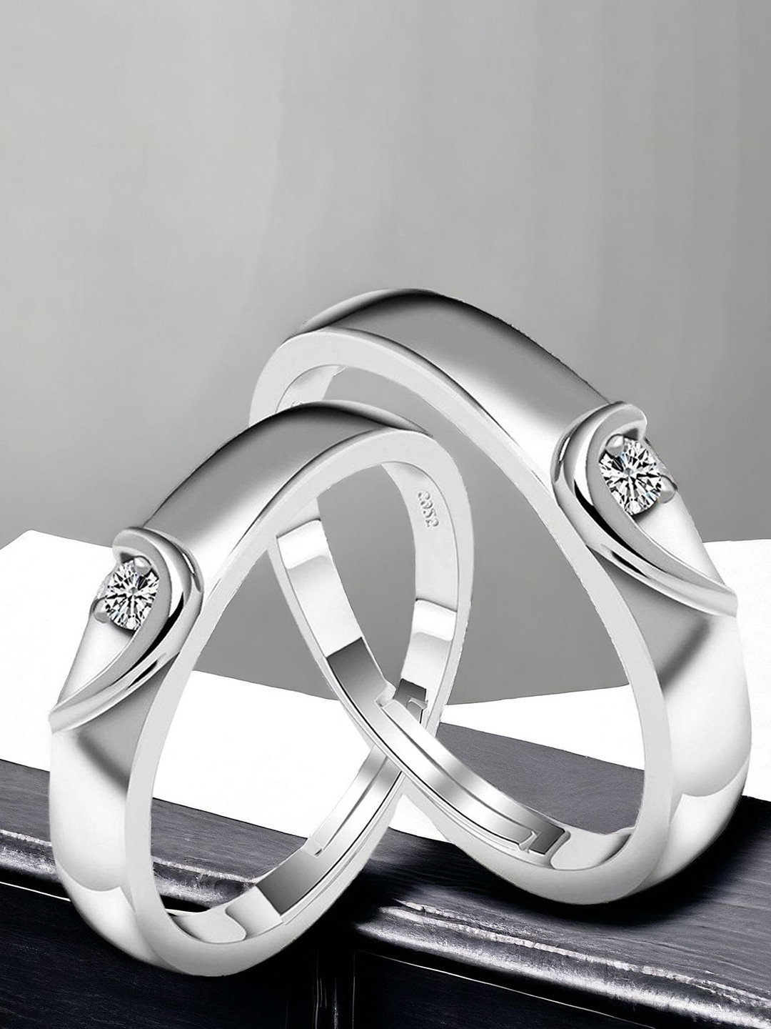 Okos Set Of 2 Rhodium-Plated Cubic Zirconia-Studded Solitaire Couple Finger Rings