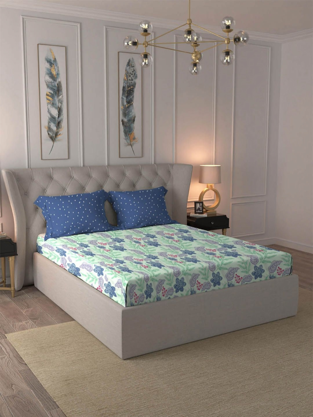 MYTRIDENT Dusk And Dawn Blue Floral Cotton 144 TC Queen Bedsheet with 2 Pillow Covers-90 x 100 inches