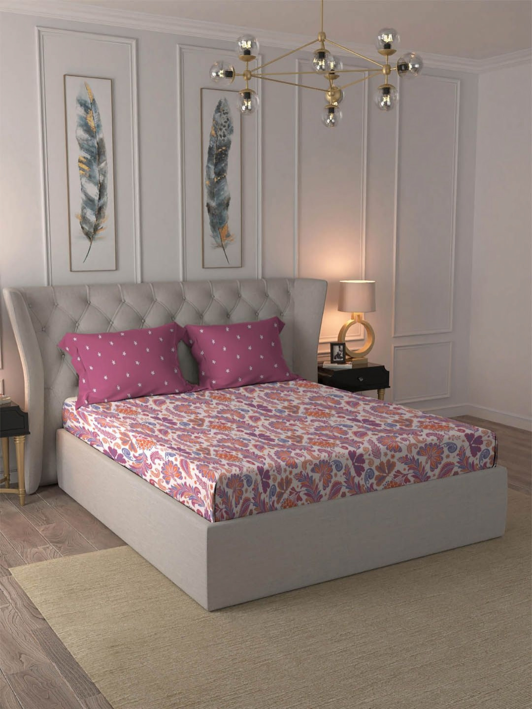 MYTRIDENT Magenta Dusk & Dawn Flat 144TC Queen Cotton 1 Bedsheet with 2 Pillow Covers