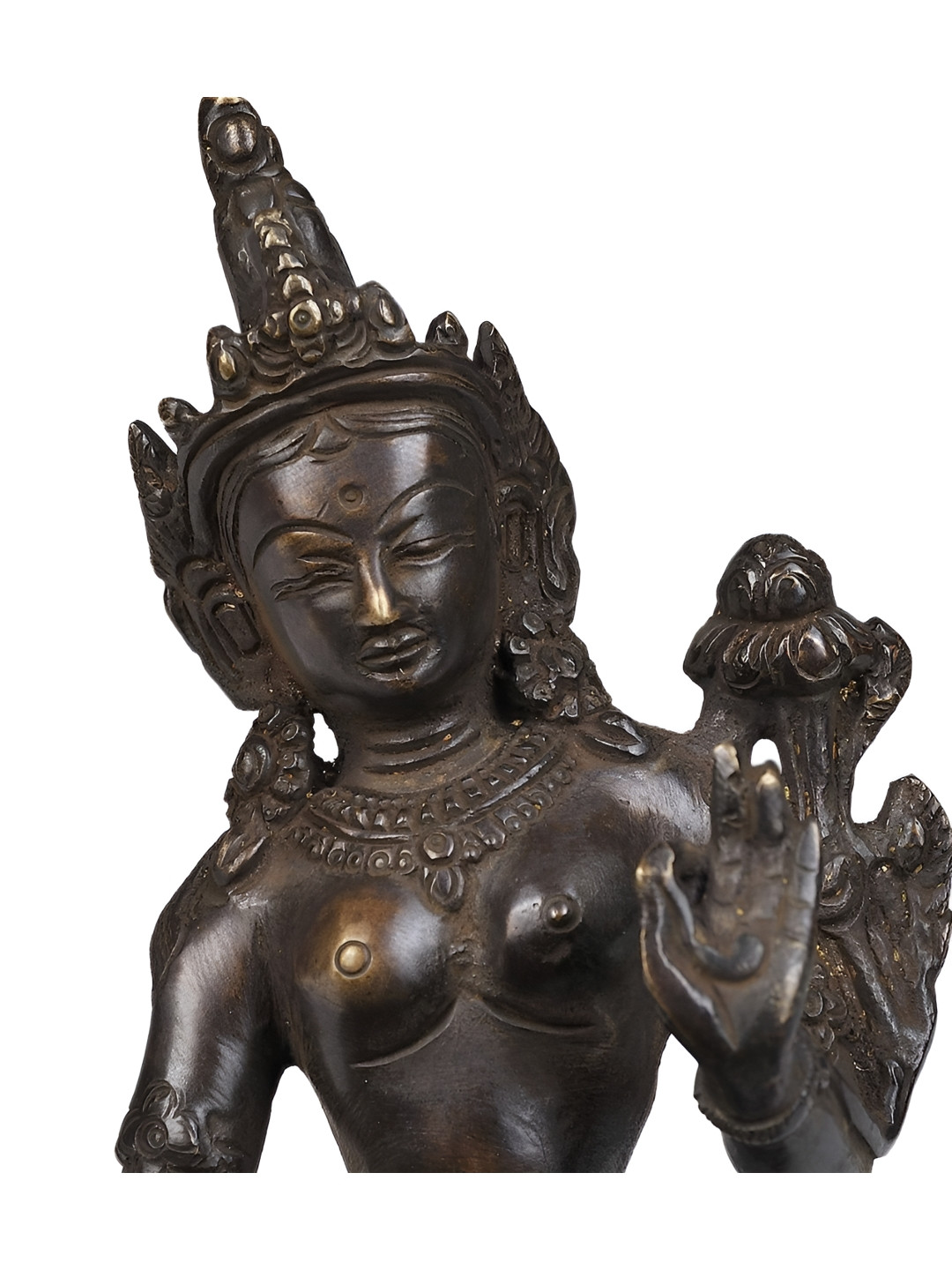 Exotic India Goddess Green Tara Brown Brass Metallic Living Room Hand Made Small Showpiece - 5.5 Inches
