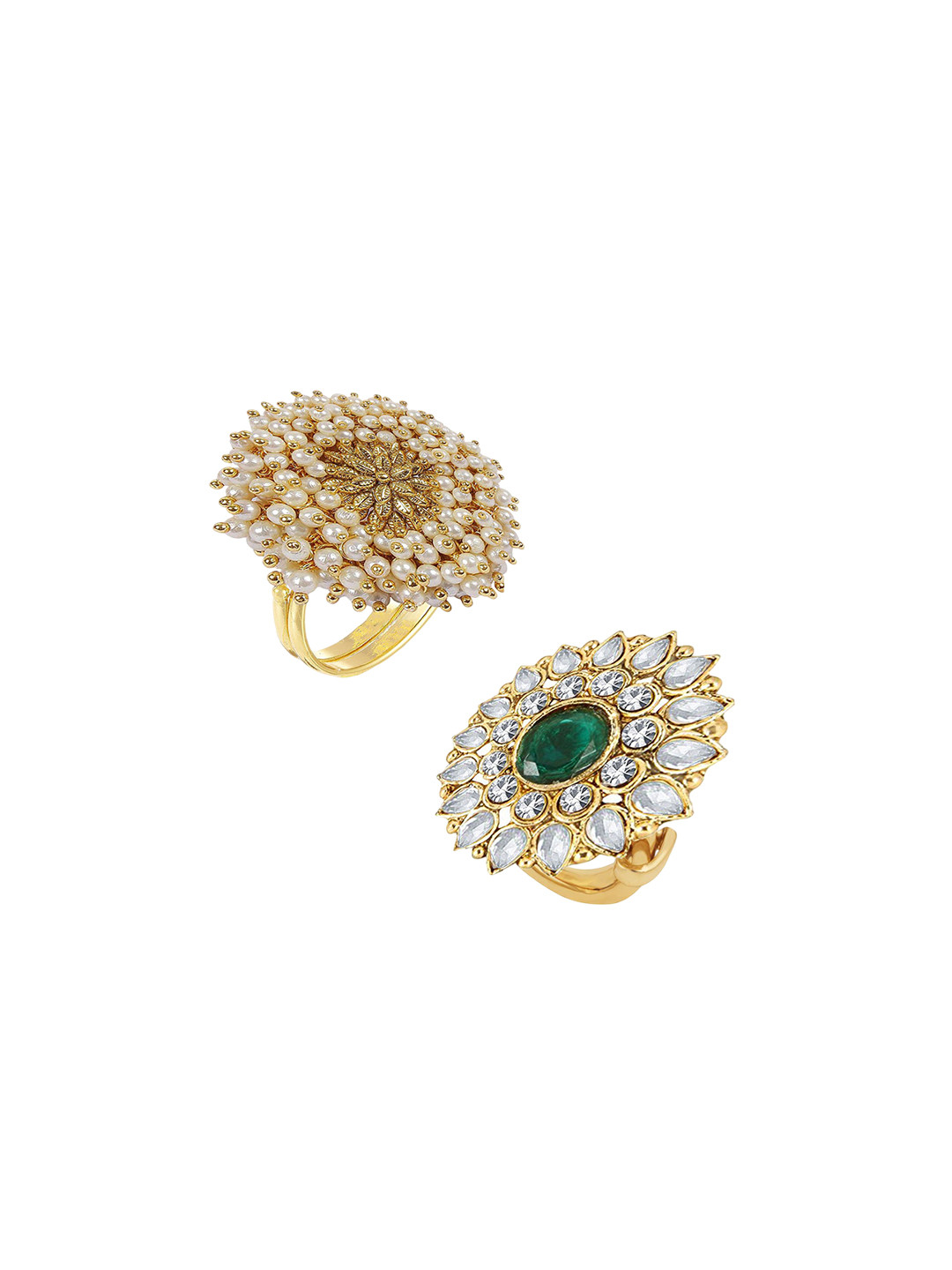 Okos Set Of 2 Gold-Plated Kundan Stone-Studded Cocktail Finger Rings