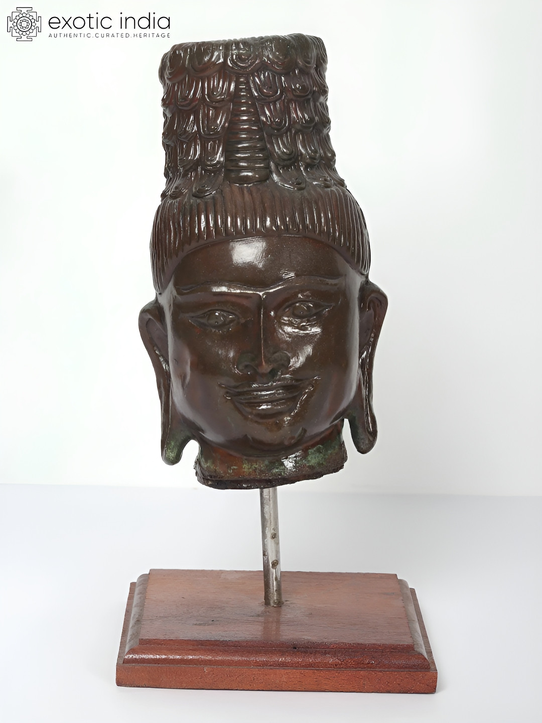 Exotic India Buddha Head Brown Wood Natural Living Room Medium Showpiece - 11 Inches