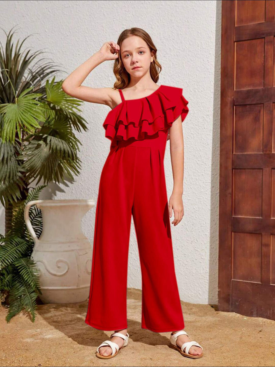 BAESD Girls Asymmetrical Neckline Ruffle Edge Jumpsuit