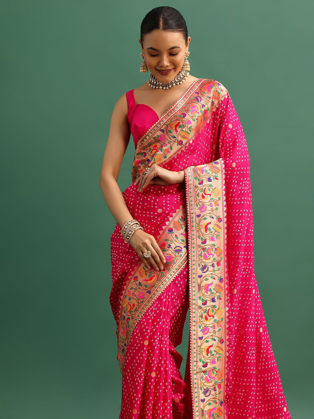 KALKI Fashion Hot Pink Woven Bandhani Silk Saree