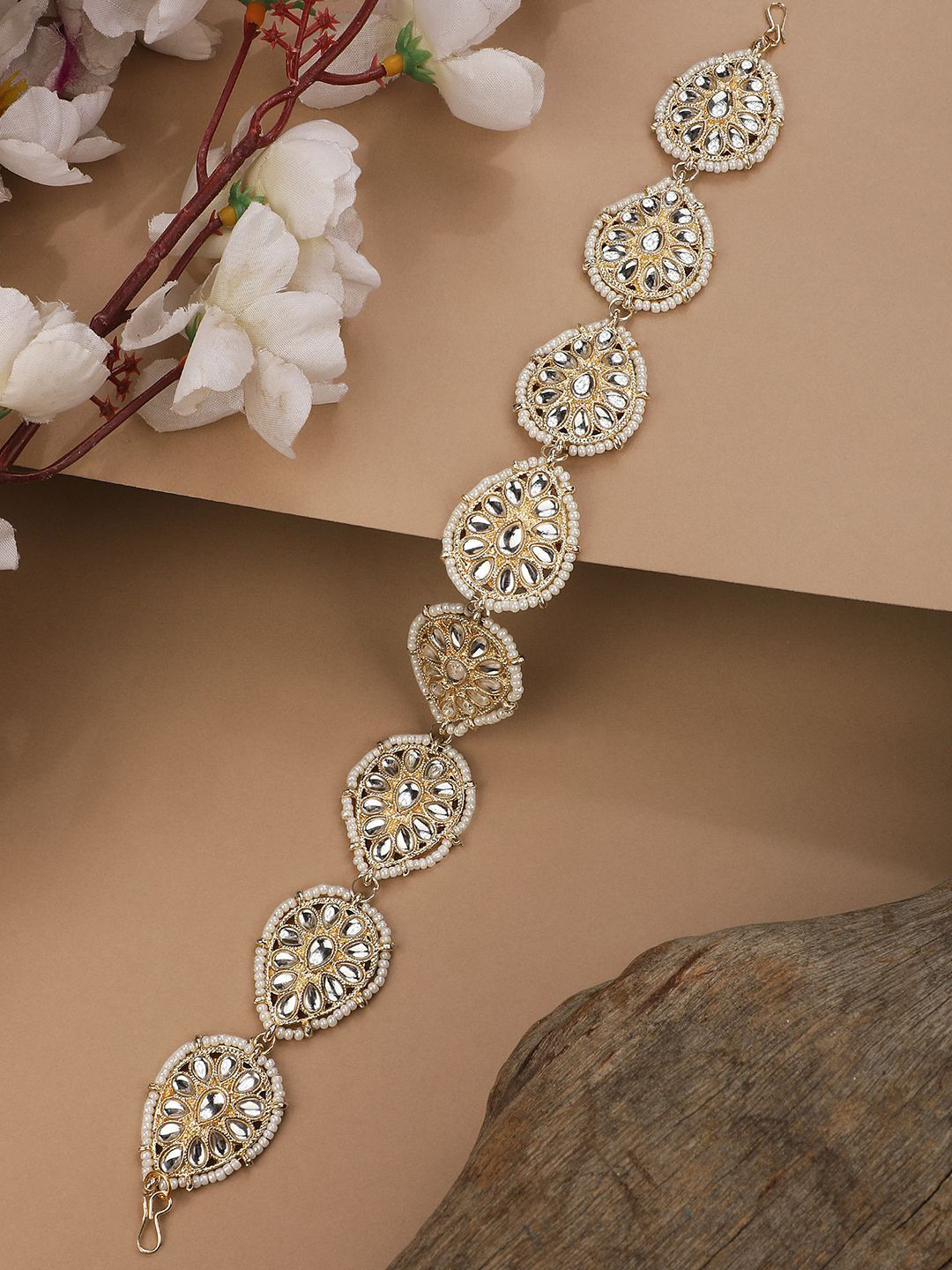 MODE MANIA Gold-Plated Artificial Stones and Beads Studded Sheeshphool Head Jewellery