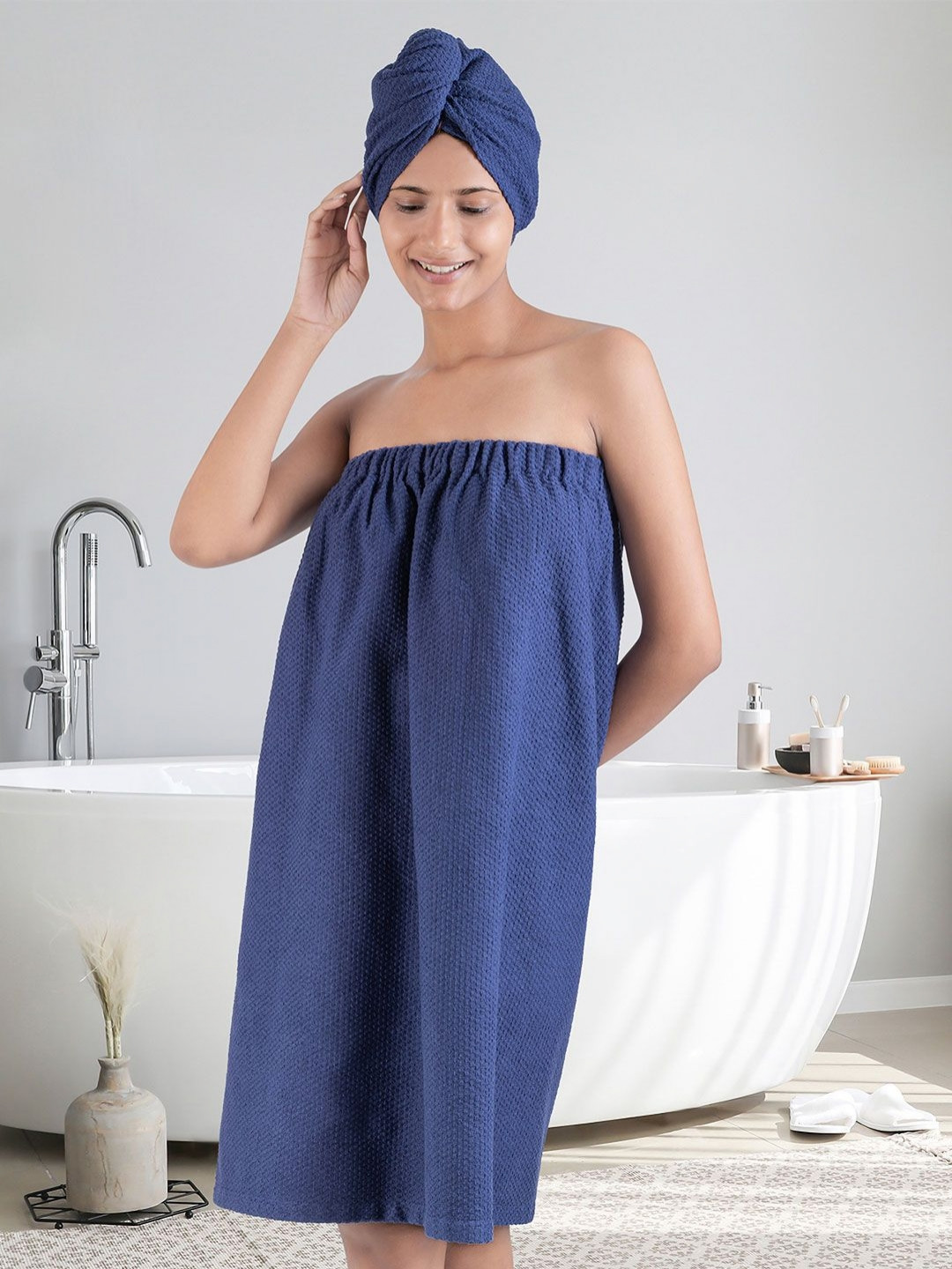 MYTRIDENT Urban Comfort Blue Cotton Slip-On Mini Set of 2 Bath Wrap with Head Wrap-L