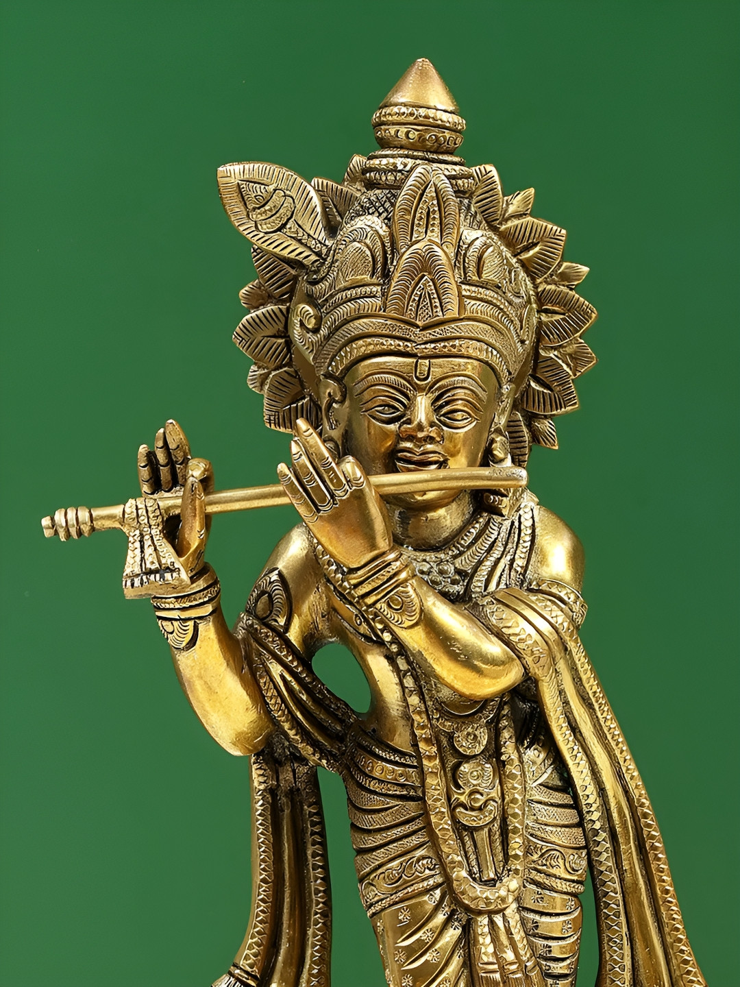 Exotic India Standing Fluting Krishna Gold Brass Metallic Prayer Room Medium Showpiece - 13 Inches