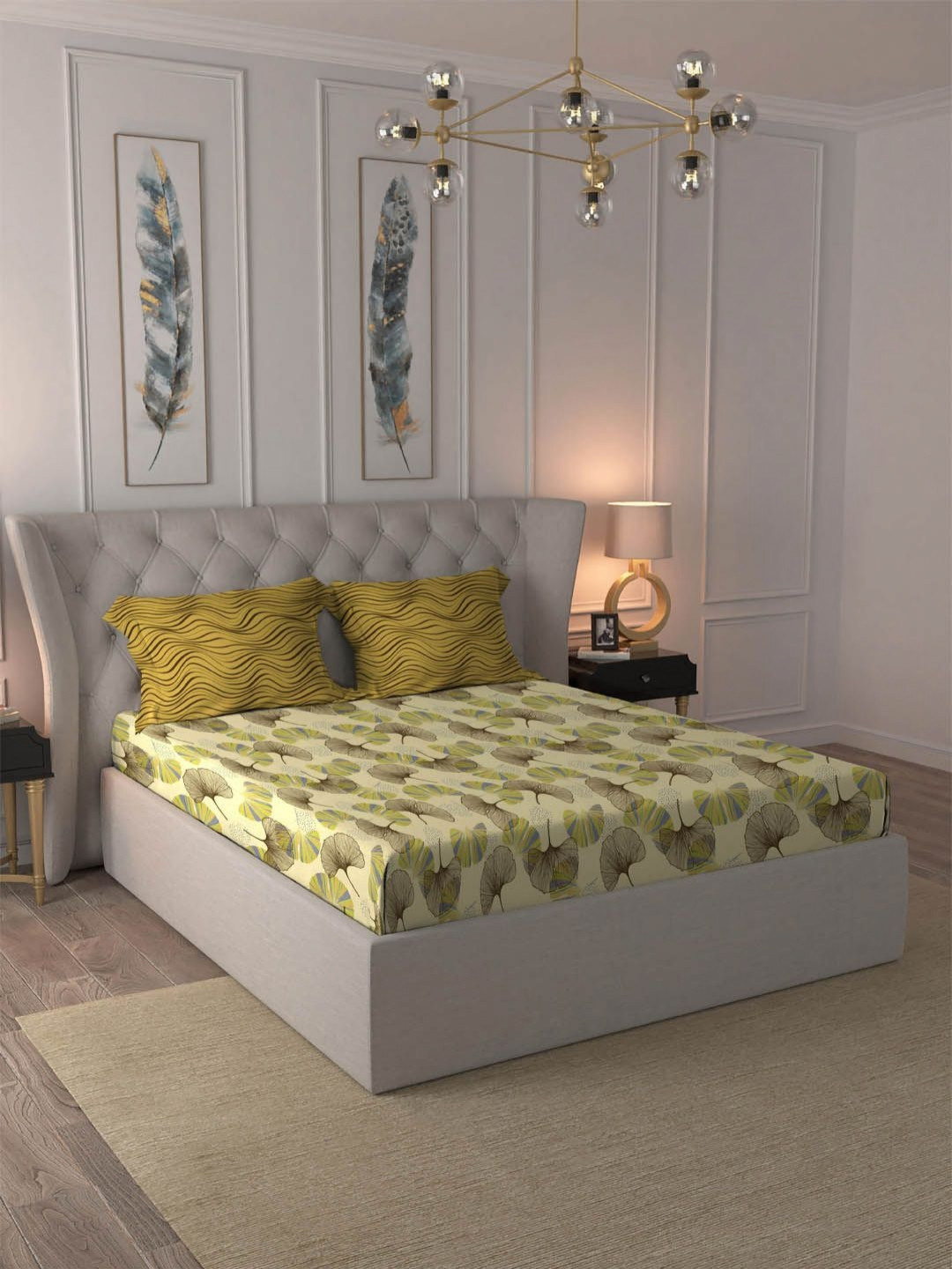 MYTRIDENT Velar Yellow Floral Cotton 144 TC Queen Bedsheet with 2 Pillow Covers-90 x 100 inches