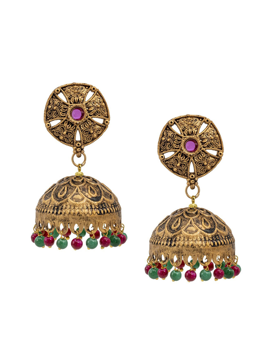 Shining Jewel - By Shivansh Matte Gold-Plated Crystal & Beaded Dome Shaped Jhumkas