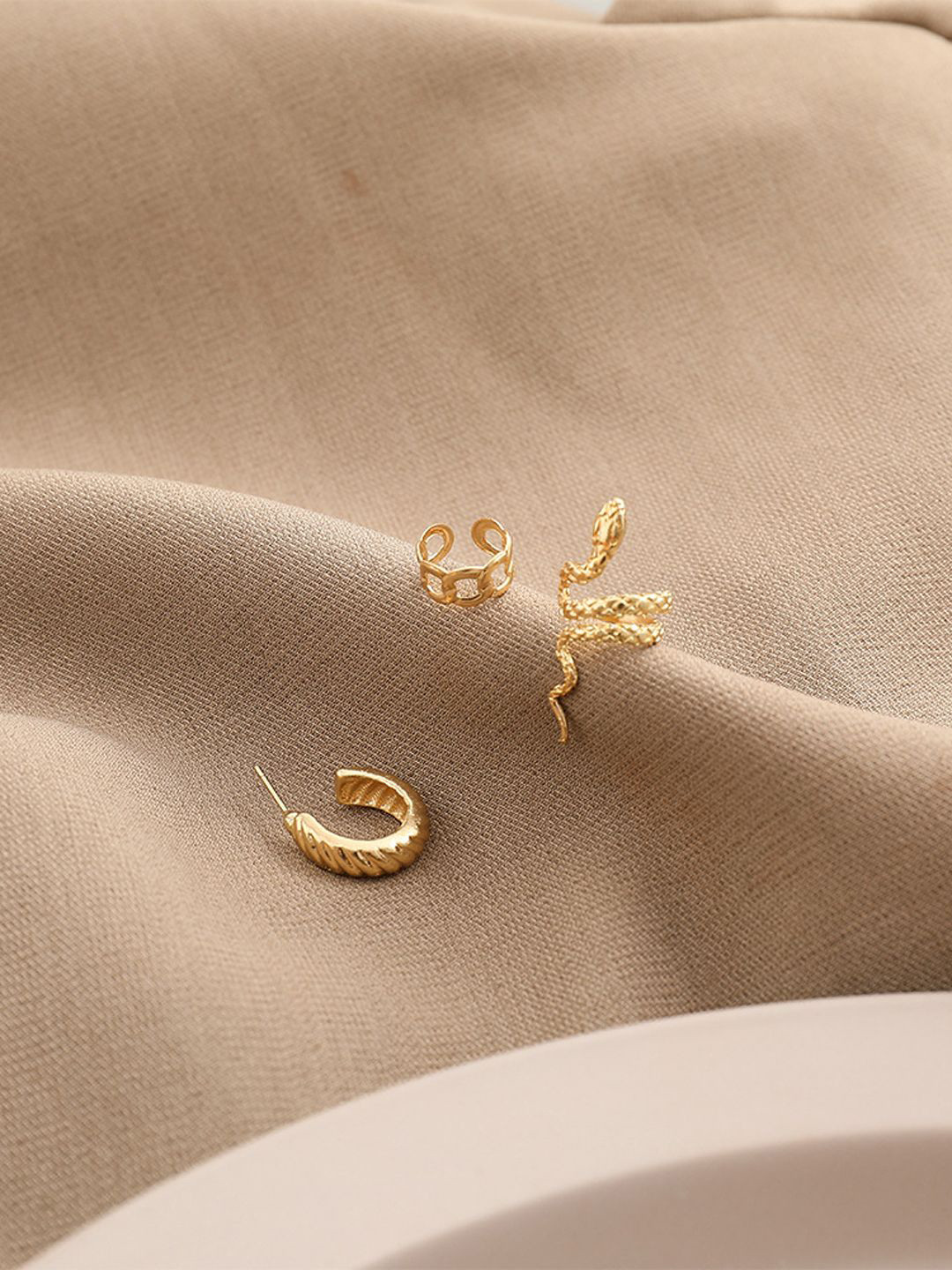 KRENOZ 3 Pieces Gold-Plated Brass Classic Hoop & Stud & Cuff Earring
