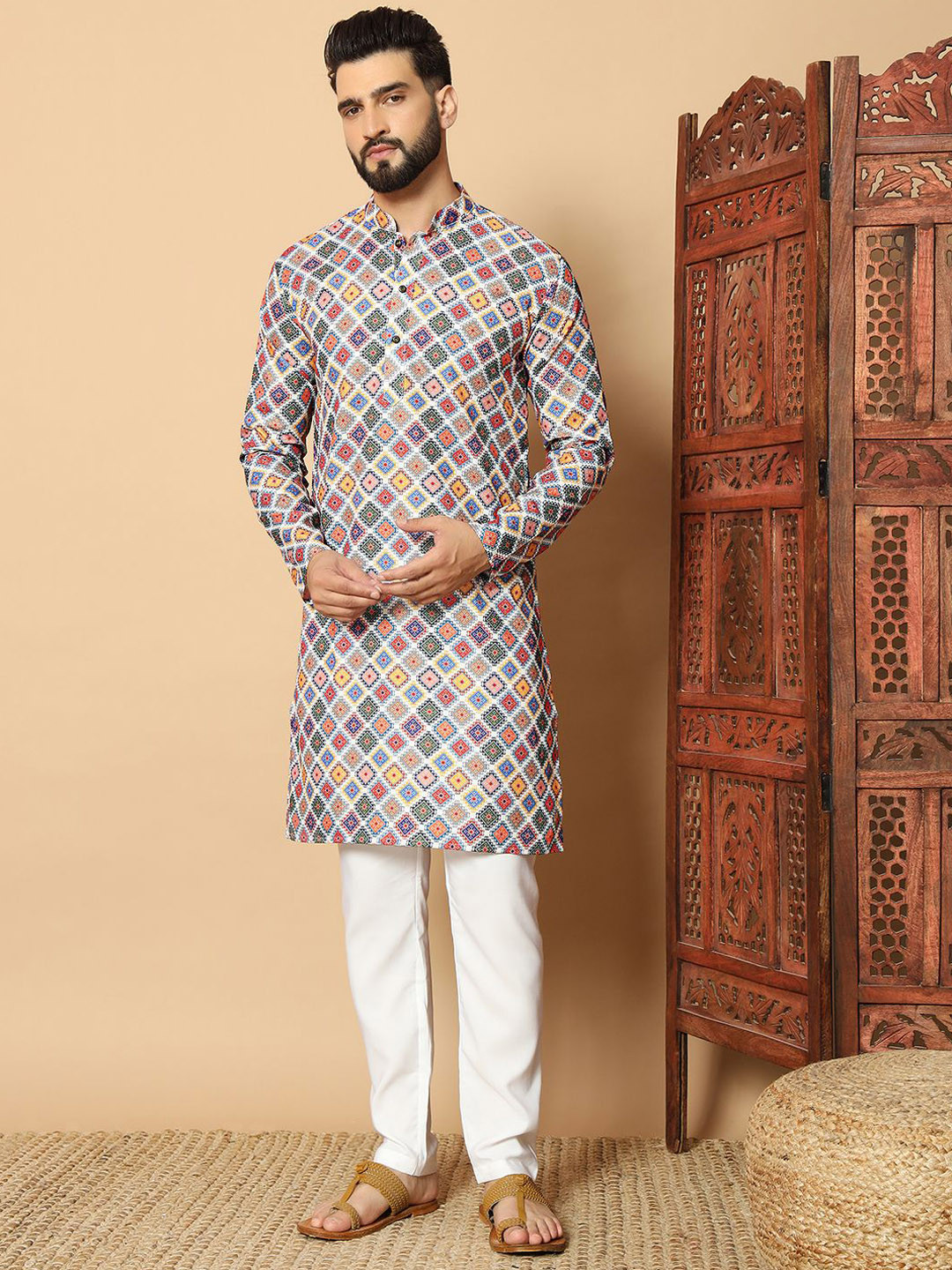 FoxDX Ethnic Motifs Printed Mandarin Collar Pure Cotton Straight Kurta