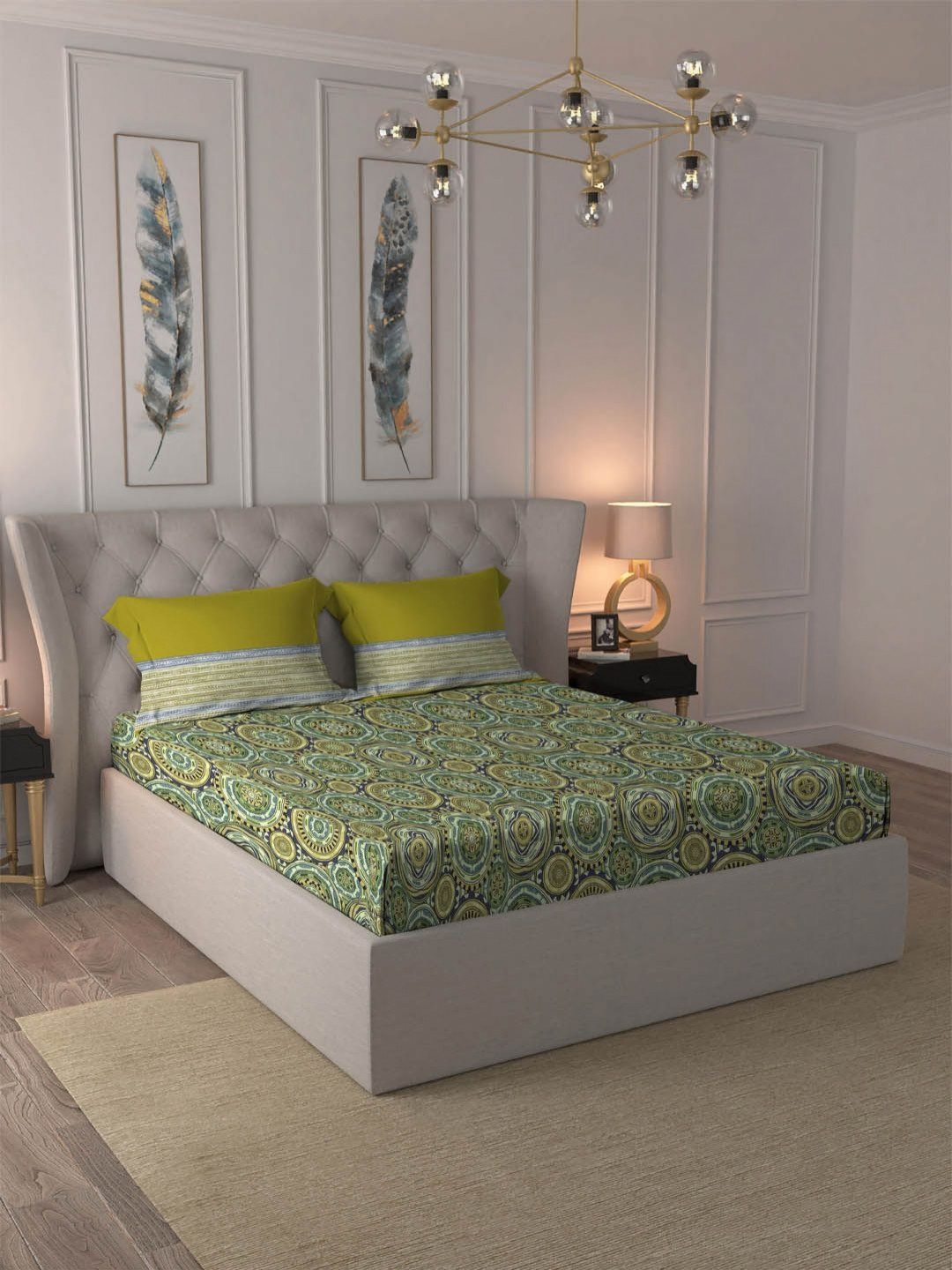 MYTRIDENT Dusk And Dawn Green Ethnic Motifs Pure Cotton 144 TC Queen Bedsheet with 2 Pillow Covers-89 x 100 inches