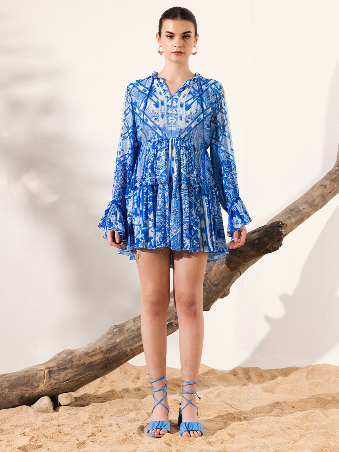 REENA SHARMA Floral Print Bell Sleeve Georgette Fit & Flare Dress