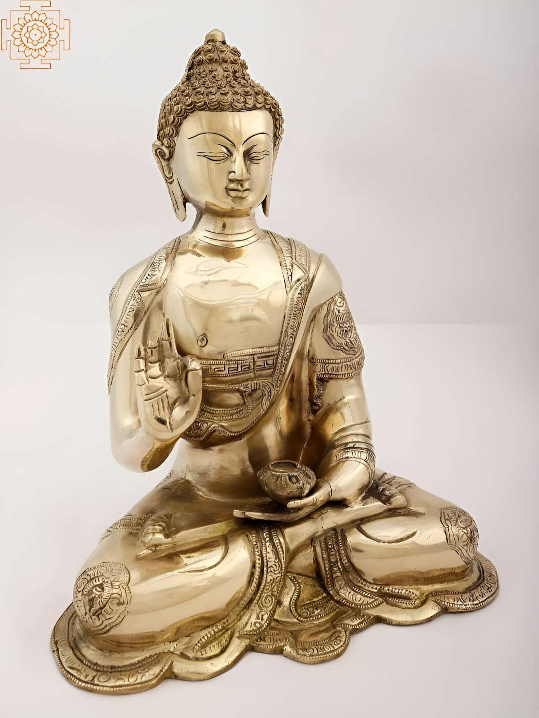 Exotic India Buddha Gold Brass Metallic Living Room Large Showpiece - 13.3 Inches