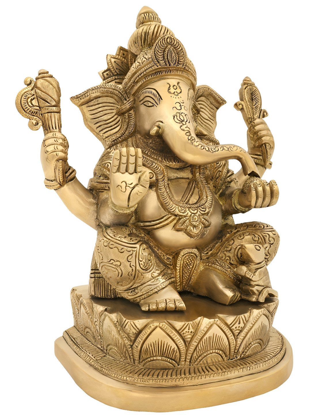 Exotic India Modak Eating Lord Ganesha Gold Brass Metallic Prayer Room Hand Made Medium Showpiece - 9.4 Inches