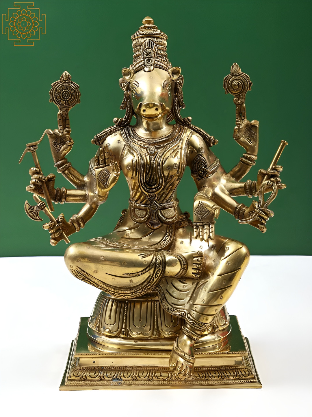 Exotic India Statue of Goddess Varahi Gold Brass Metallic Prayer Room Medium Showpiece - 13.7 Inches