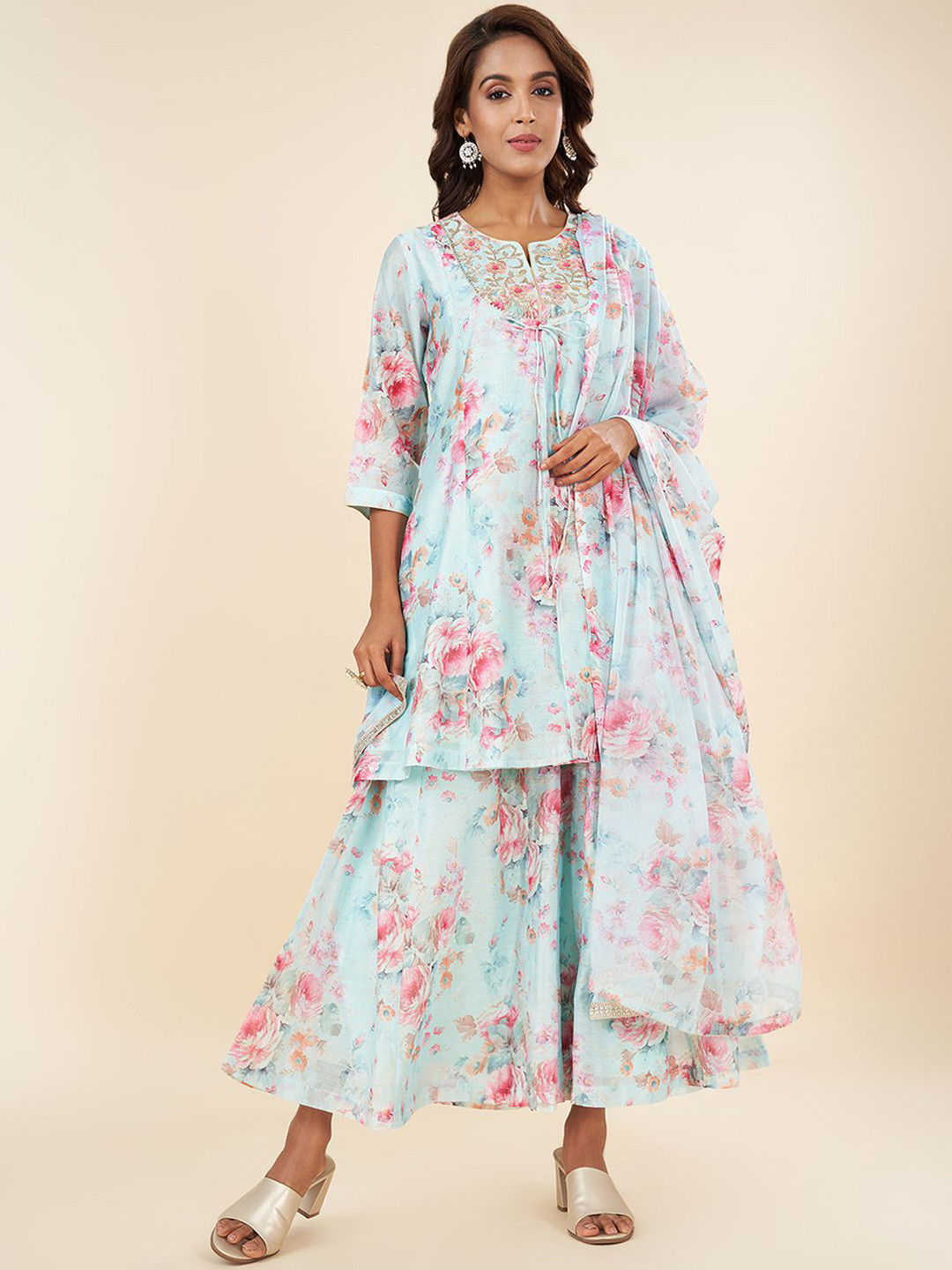 RANGMANCH BY PANTALOONS Floral Printed A-Line Kurti With Palazzos & With Dupatta