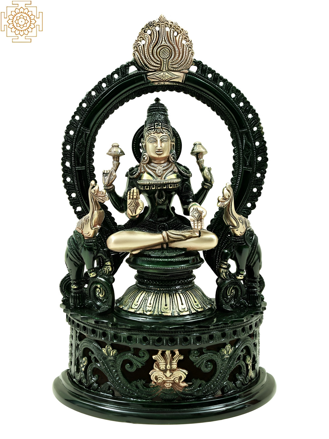 Exotic India Royal Goddess Lakshmi Seated on Superfine Throne Black Brass Metallic Prayer Room Hand Made Medium Showpiece - 4.5 Inches