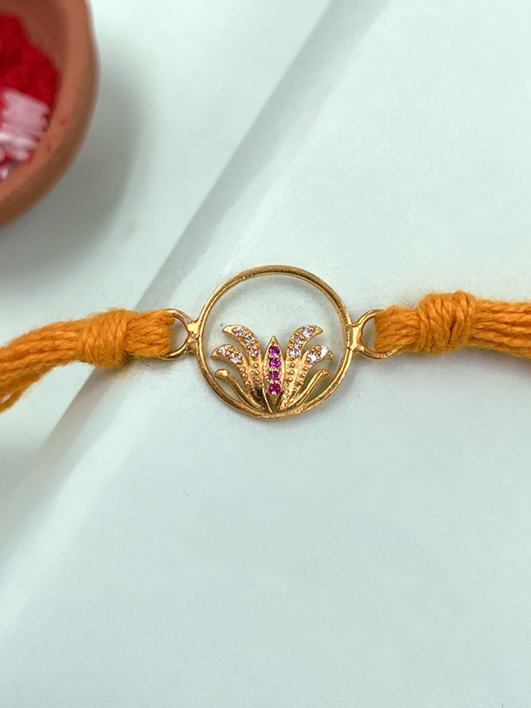 Unniyarcha Pure 92.5 Silver Gold Plated Lotus Thread Rakhi