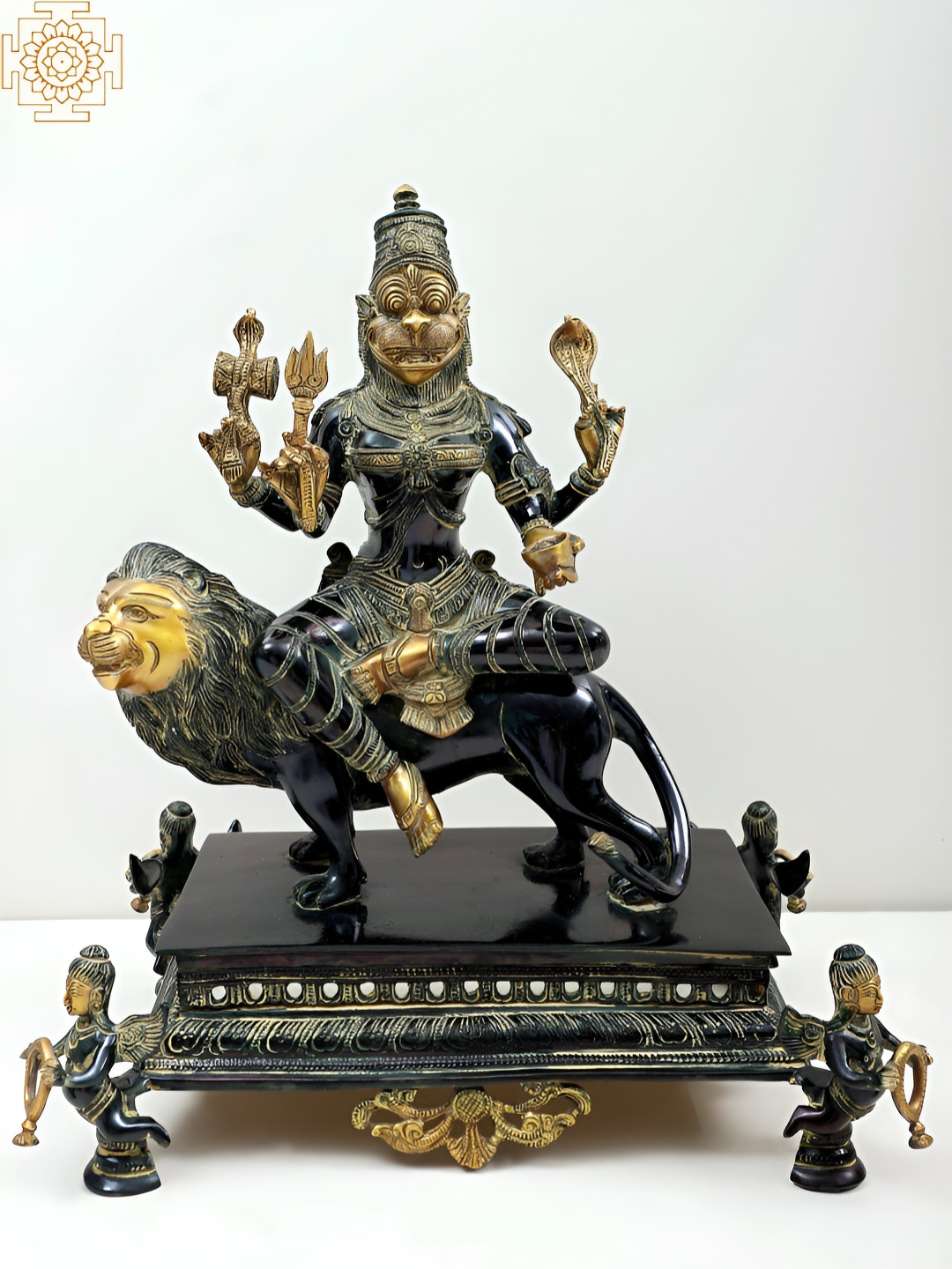 Exotic India Statue of Pratyangira Devi Gold Brass Metallic Prayer Room Large Showpiece - 8.4 Inches