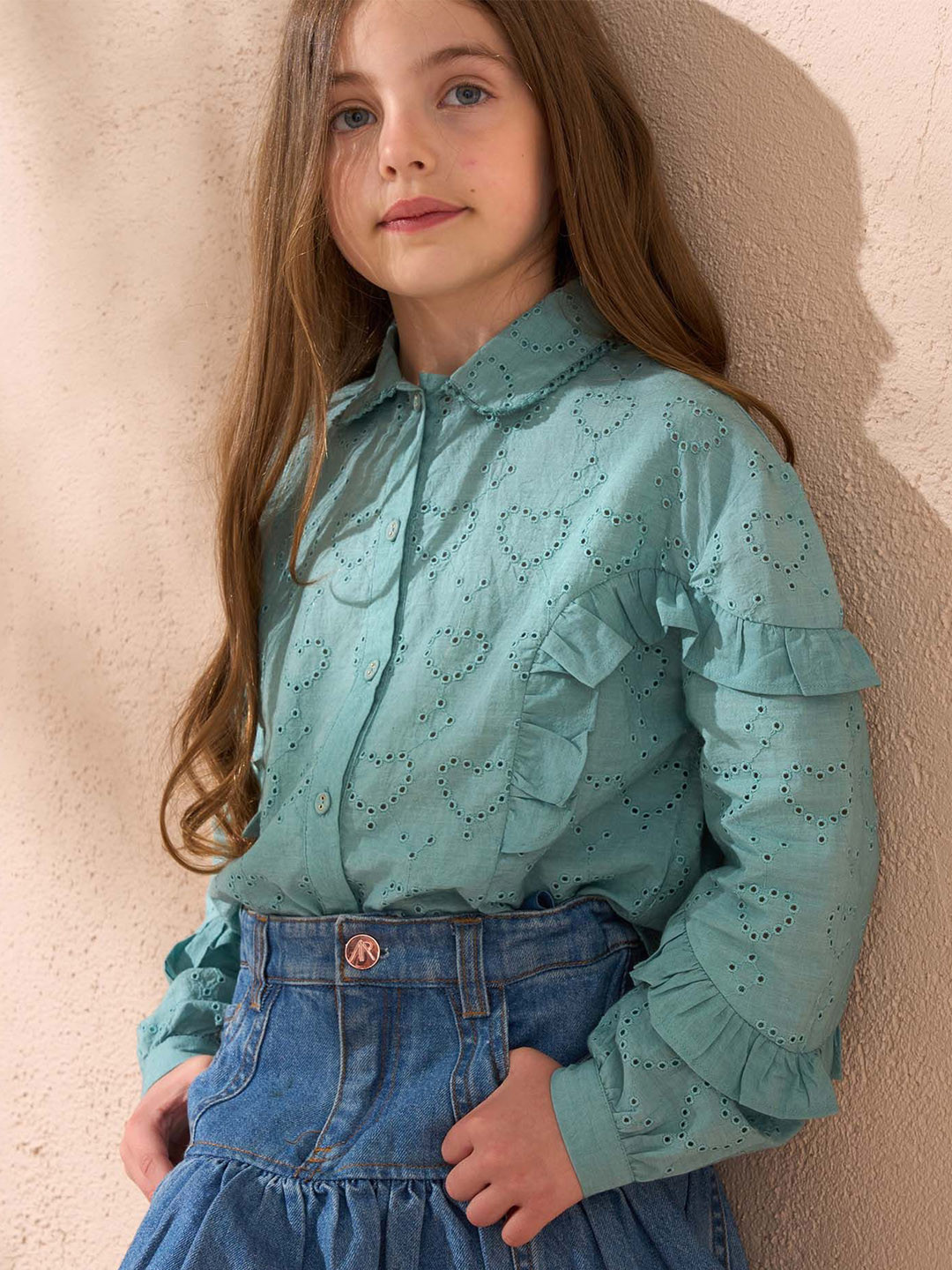 Angel & Rocket Girls Self Design Schiffli Shirt Collar Cotton Top