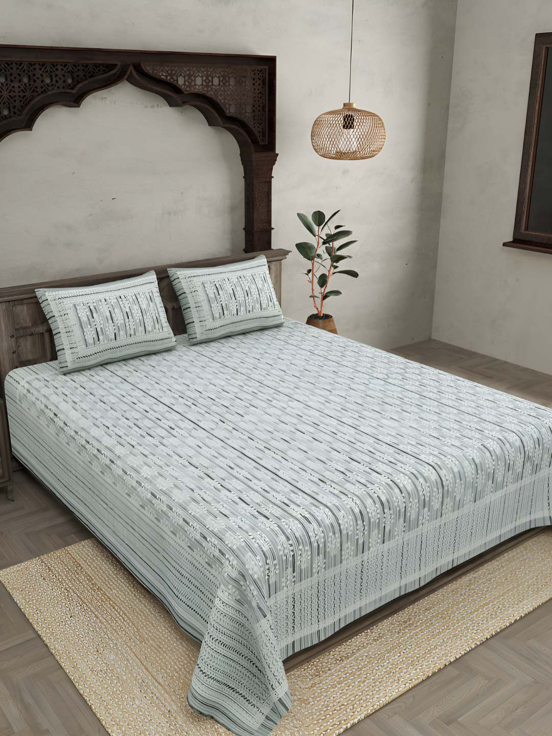 BED-SHEET.COM Grey Floral Pure Cotton 144 TC King Superfine Bedsheet with 2 Pillow Covers-270 x 225 cm