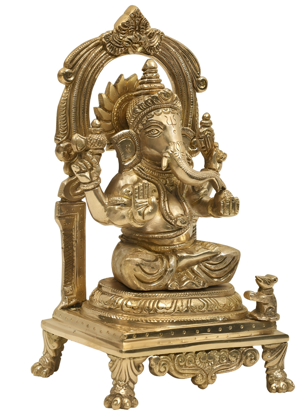 Exotic India Lord Ganesha Seated on Throne with Kirtimukha Prabhavali Gold Brass Metallic Prayer Room Hand Made Medium Showpiece - 9 Inches