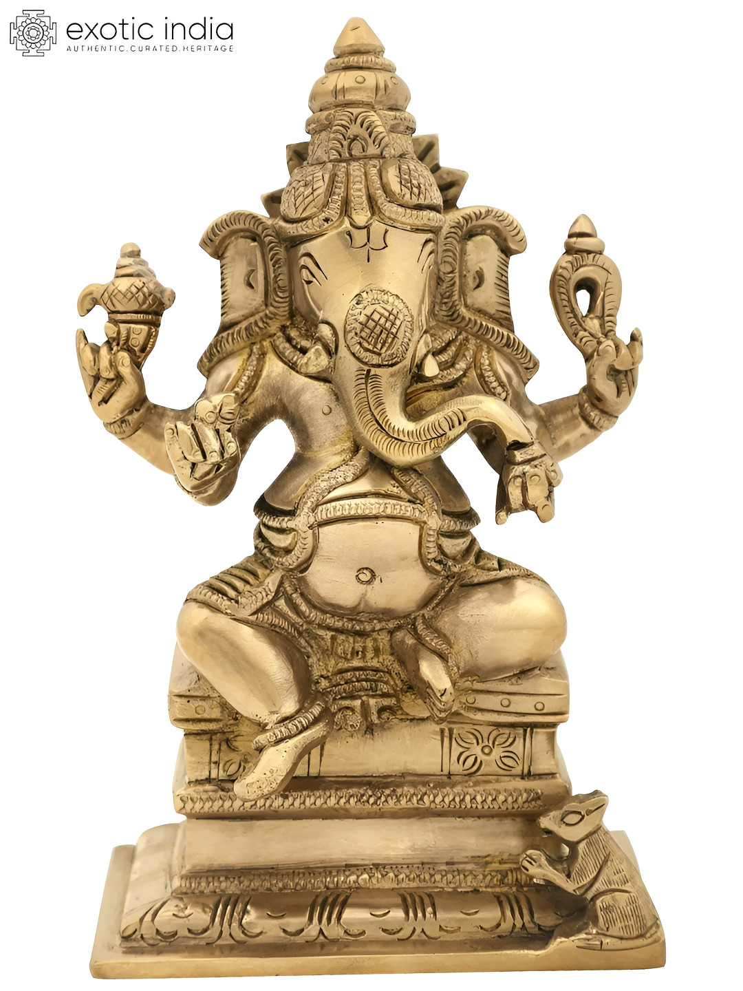 Exotic India Lord Ganesha Seated on High Pedestal Gold Brass Metallic Prayer Room Hand Made Medium Showpiece - 22 Inches