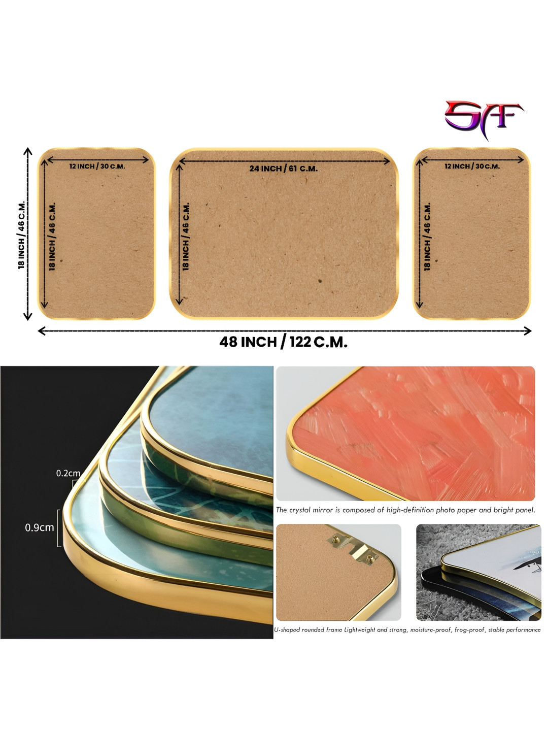 SAF Crystal Embedded Wood 3 Piece Wall Rectangle Paintings Wall Art