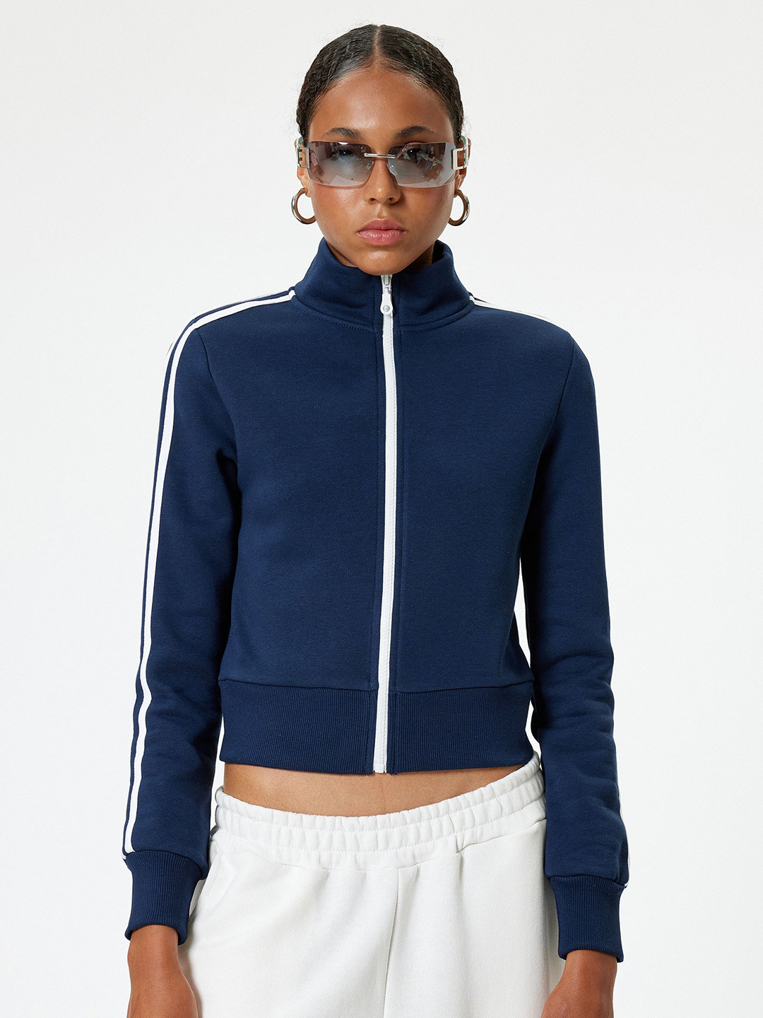 Koton Women Solid Front Open High Neck Sweatshirt