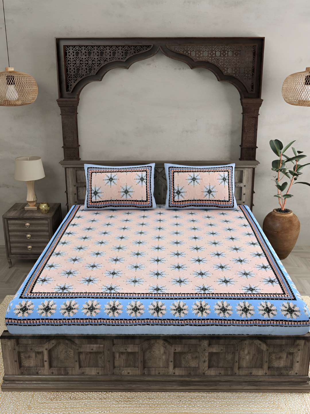 BED-SHEET.COM Royal Passion Blue Floral Pure Cotton 144 TC King Superfine Bedsheet with 2 Pillow Covers-2.70 x 2.25 cm