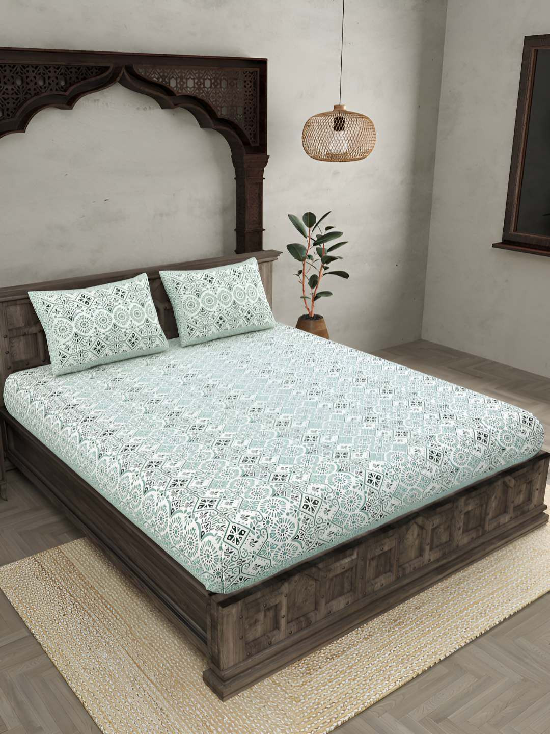 BED-SHEET.COM Showering Festivities Green Ethnic Motifs Pure Cotton 144 TC Fitted King Superfine Bedsheet with 2 Pillow Covers-106 x 89 inches