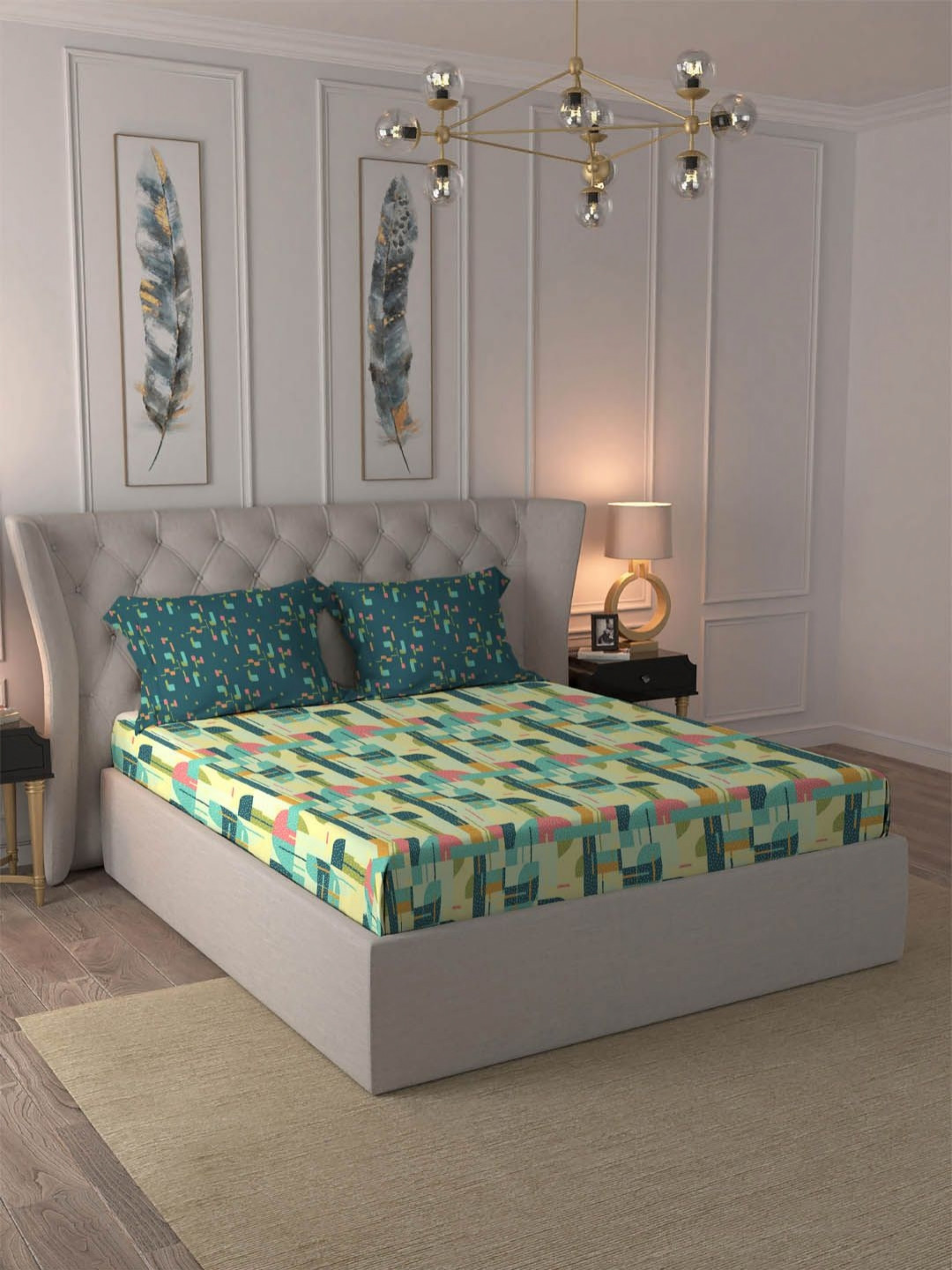 MYTRIDENT Dusk And Dawn Turquoise Blue Abstract Cotton 144 TC Queen Bedsheet with 2 Pillow Covers-90 x 100 inches